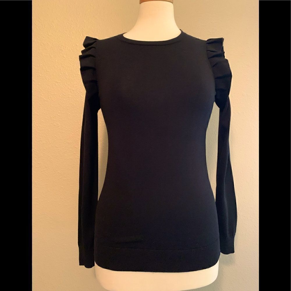 Ann Taylor black crew neck sweater with ruffles on shoulder detail. NWT